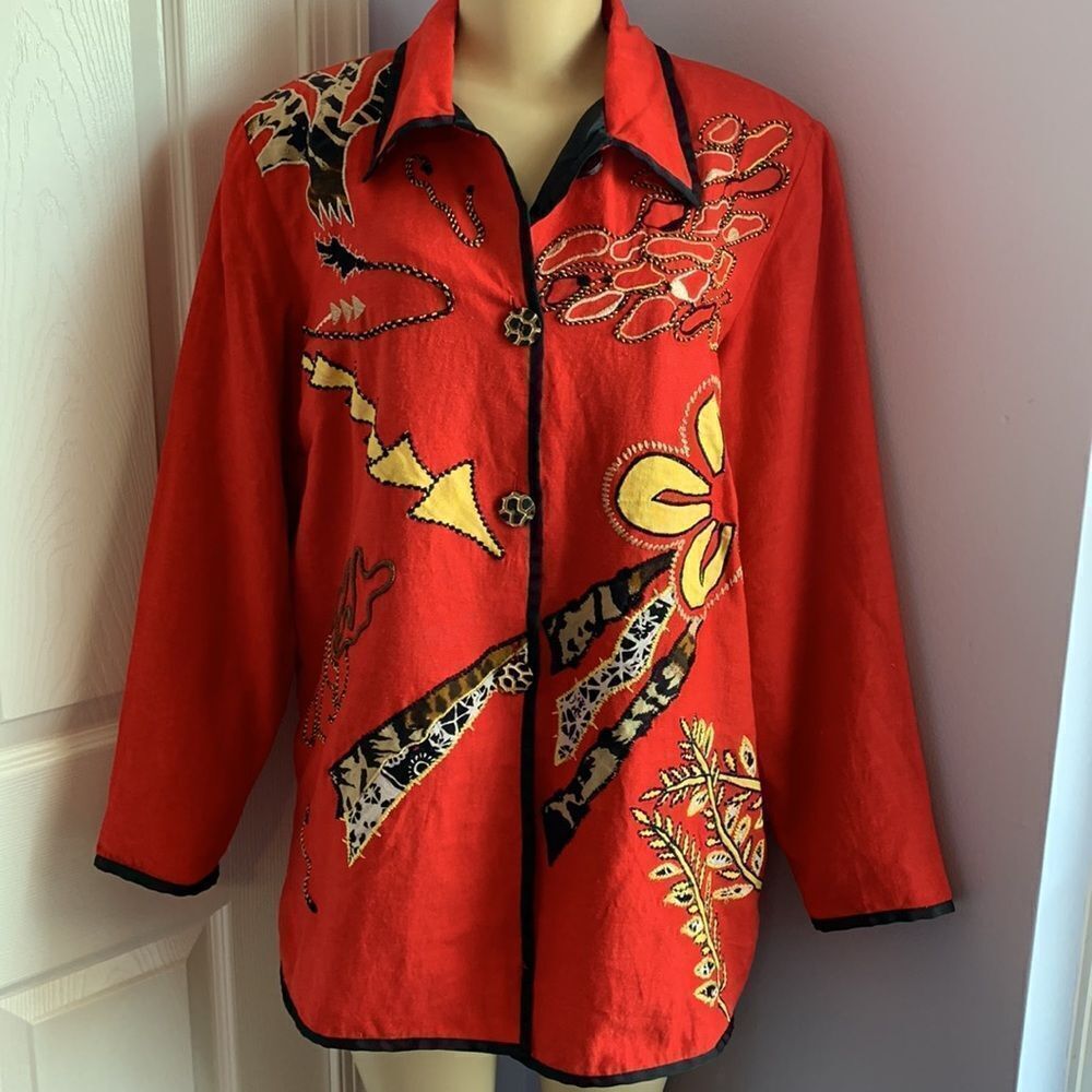 Indigo Moon QVC Embellished Long Blazer Button Down Jacket M Red - Picture 2 of 8